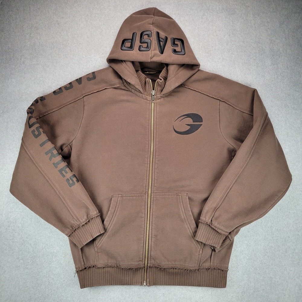 GASP Pro Hood Zip Up Hoodie Mens XXL Brown Distressed Heavyweight Bodybuilding